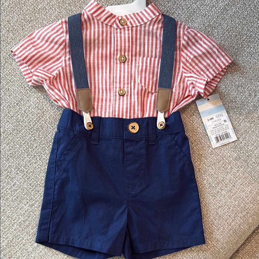 NWT Cat & Jack Striped Red and Blue Suspender Outfit